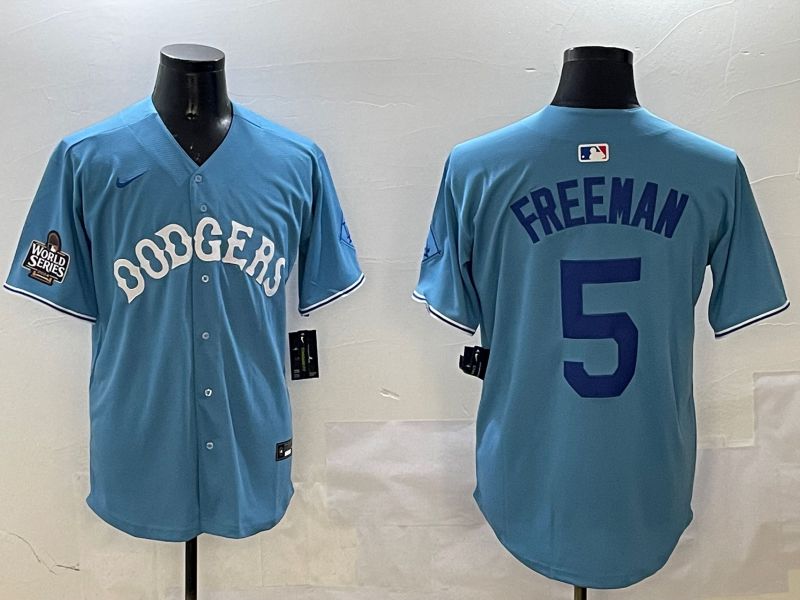 Men Los Angeles Dodgers 5 Freeman Light Blue Throwback Game 2025 Nike MLB Jersey style 3